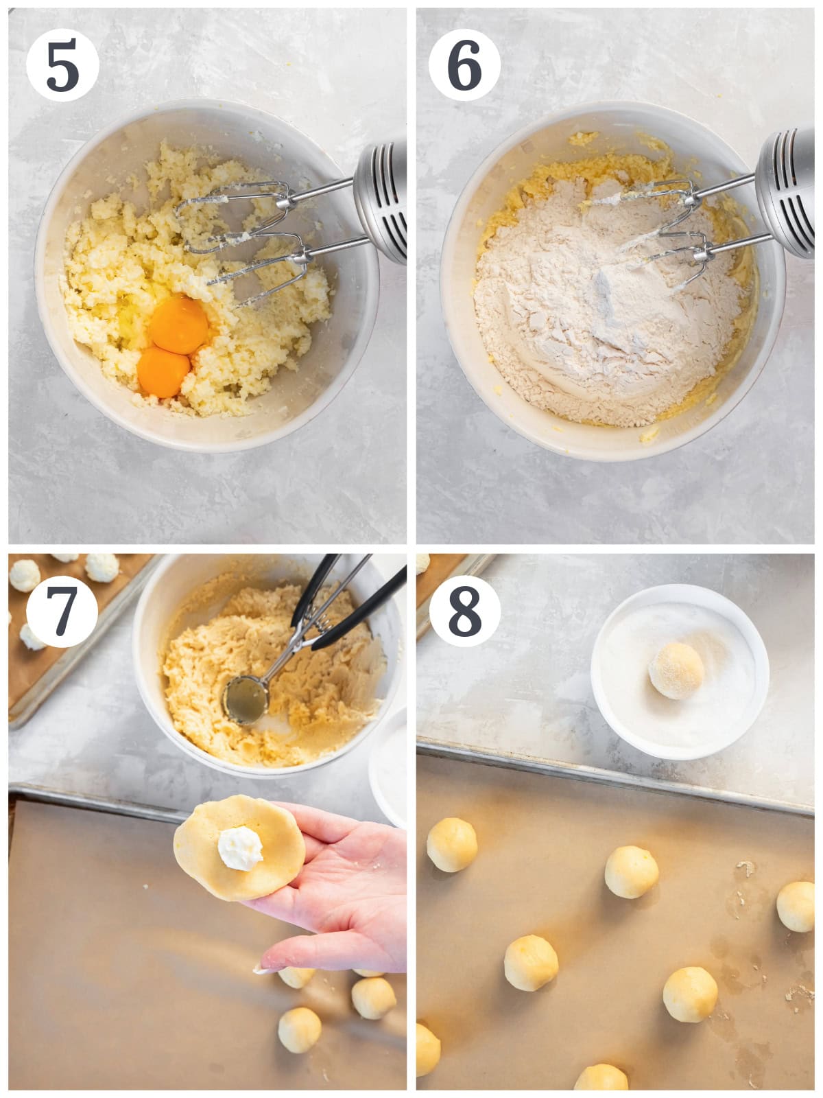 photo collage demonstrating how to make lemon cheesecake cookie dough in a mixing bowl, then assemble and stuff the cookie dough with cheesecake filling.