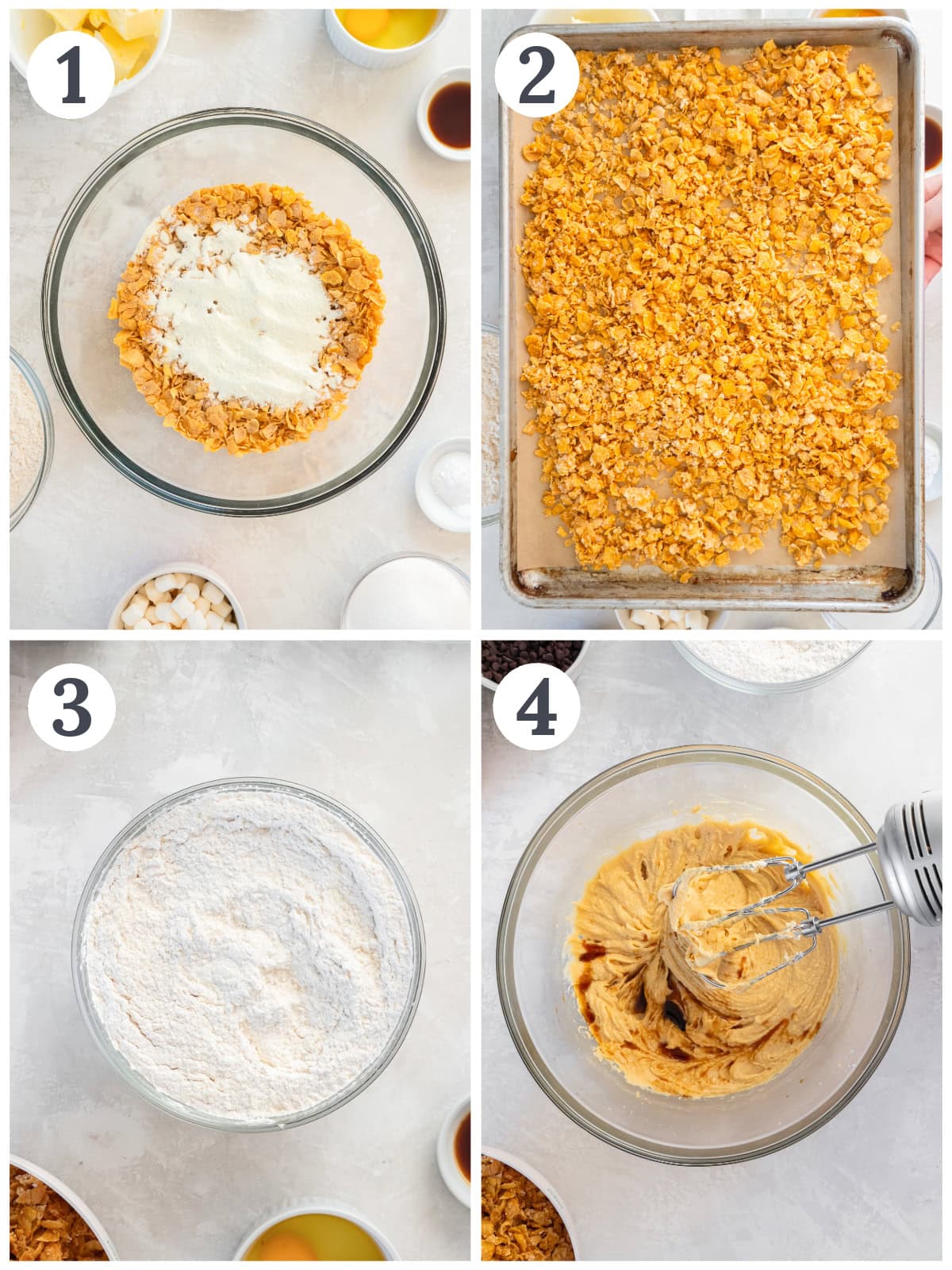photo collage demonstrating how to make cornflake crunch for cornflake cookies and how to start the dough in a mixing bowl.