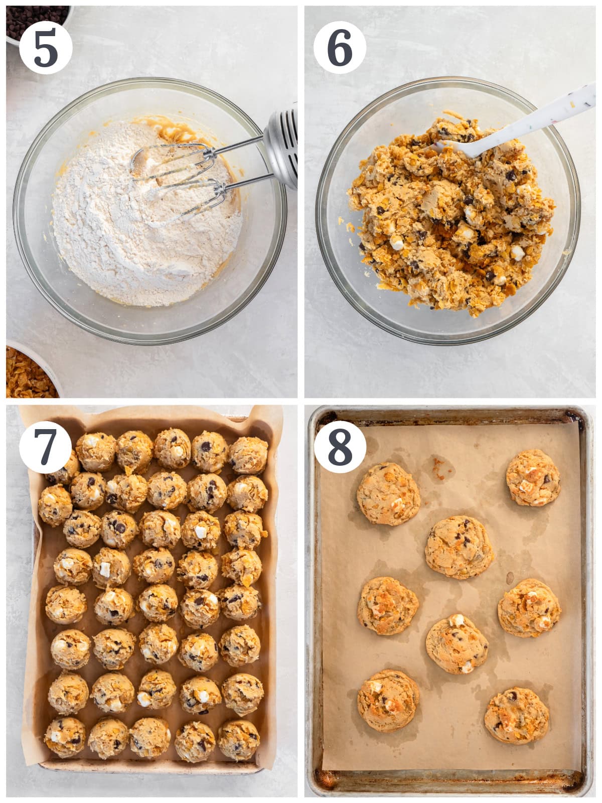 photo collage demonstrating how to make milk bar cornflake cookie dough in a mixing bowl, then scoop and bake the dough balls.