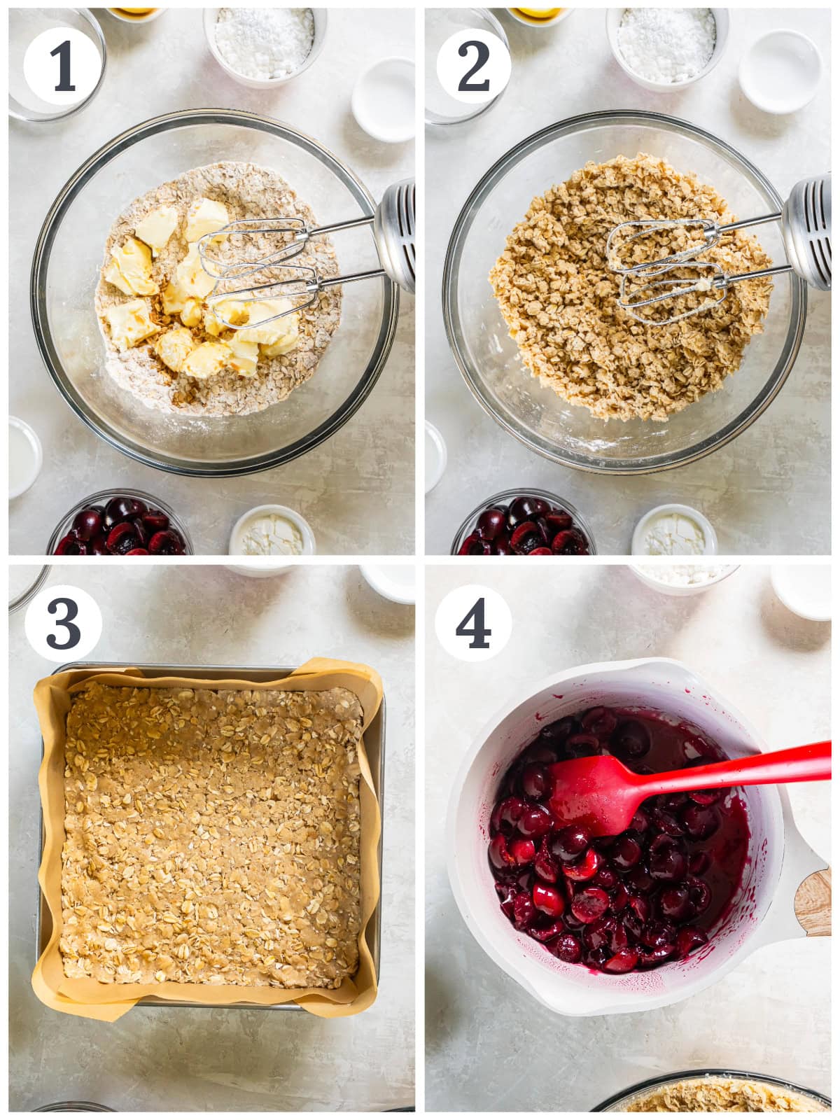 photo collage demonstrating how to make crust and crumble mixture in a mixing bowl and how to make cherry filling in a saucepan.