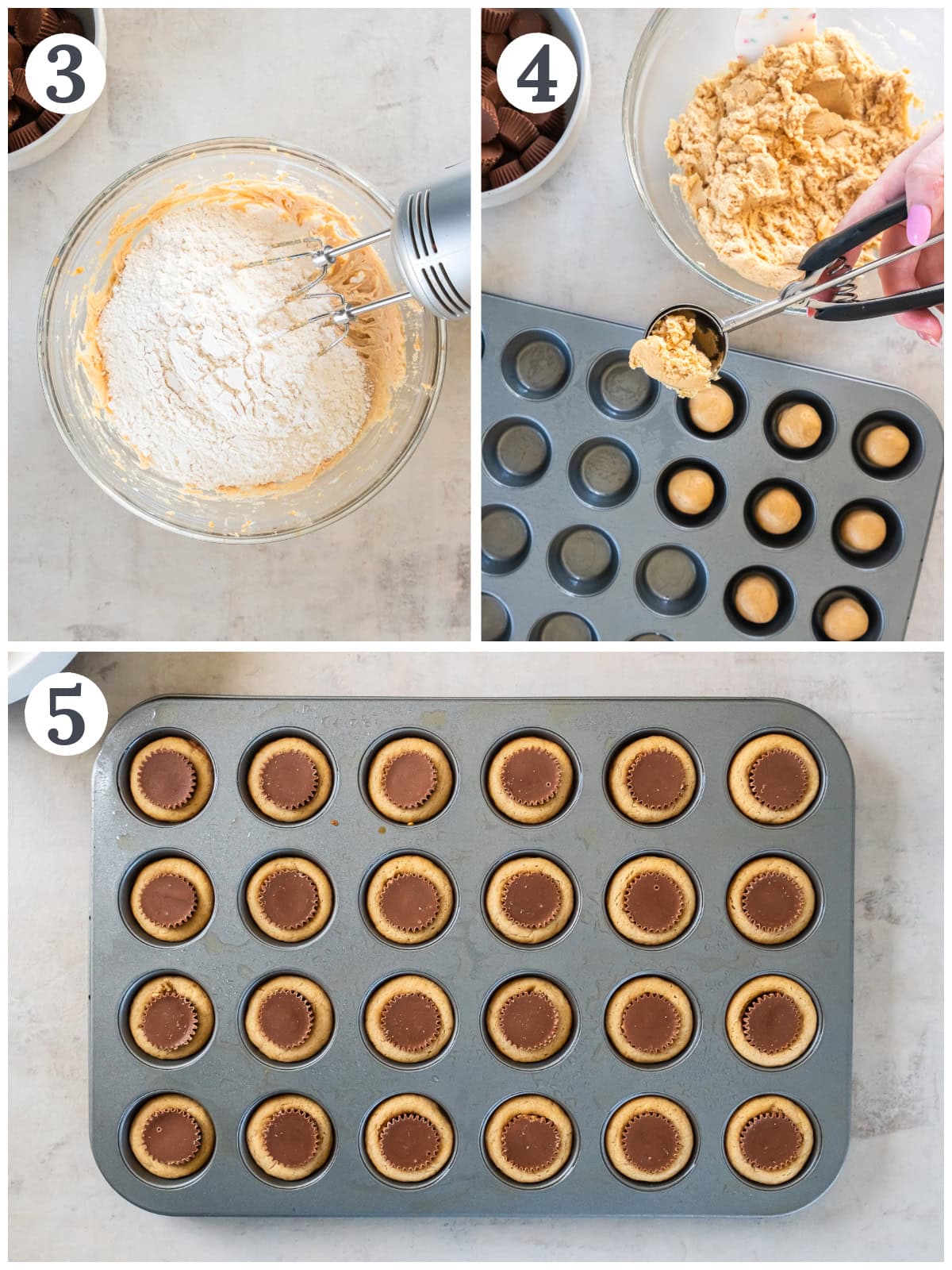 photo collage demonstrating how to make peanut butter cup cookies in a mini muffin tin.