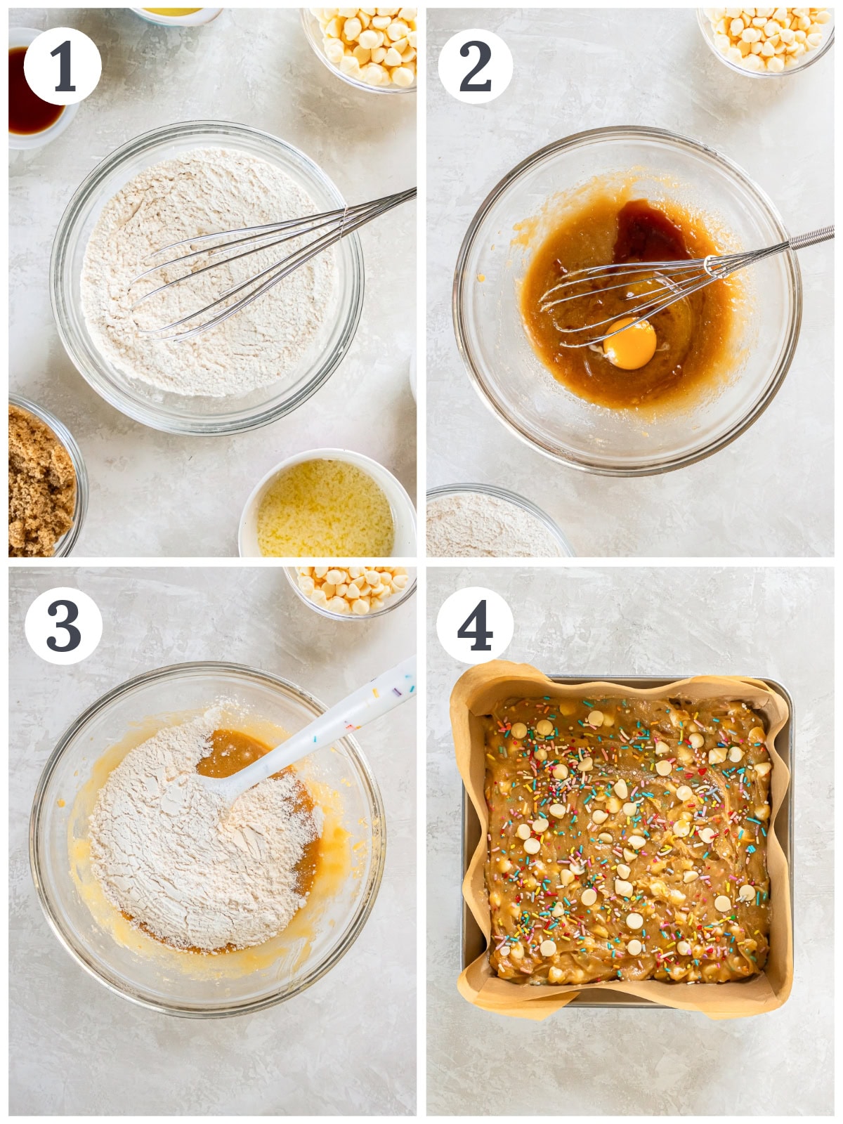 photo collage demonstrating how to make birthday cake blondies in a mixing bowl and 8x8 pan.