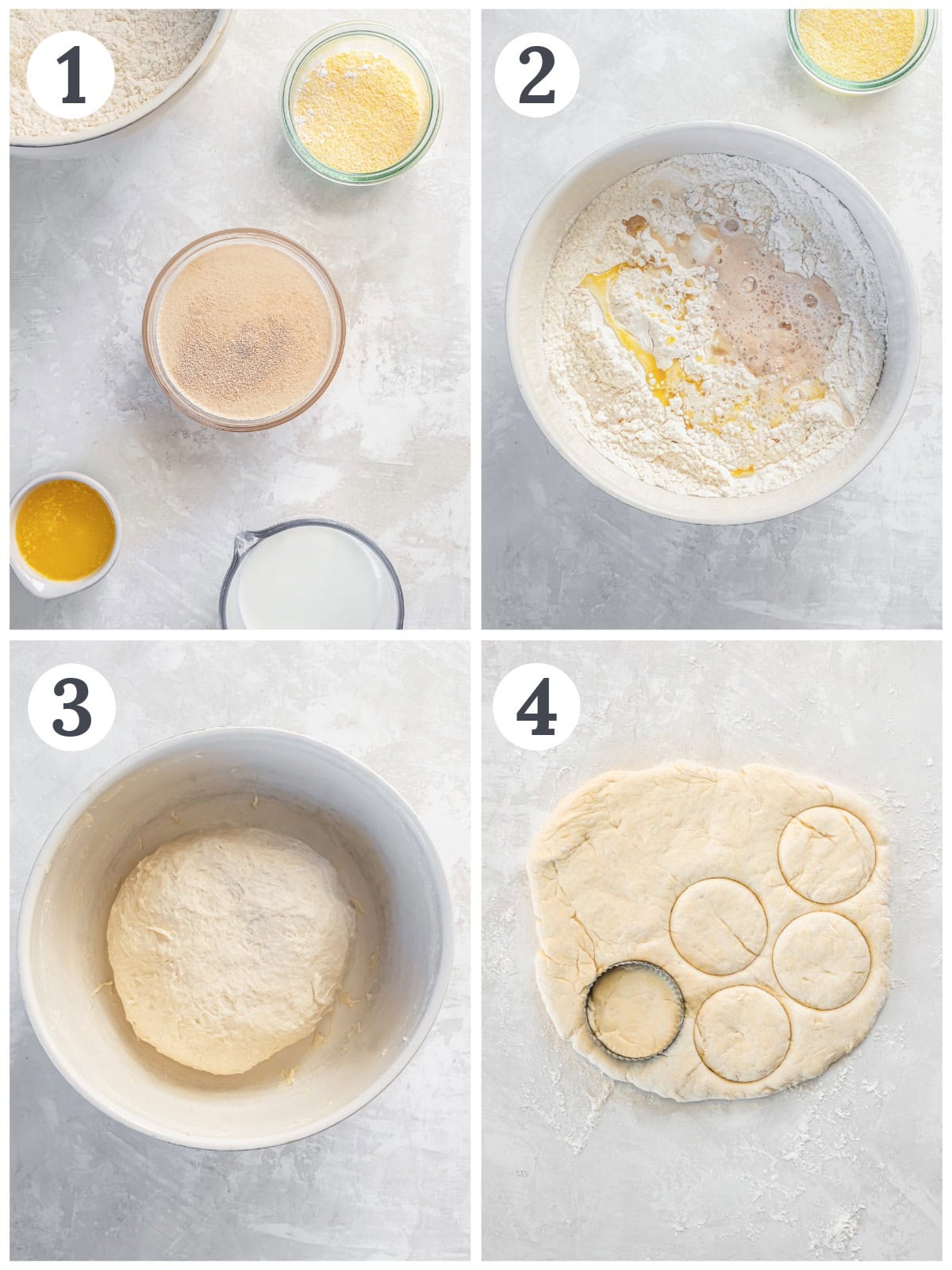 Making and cutting dough for English muffins.
