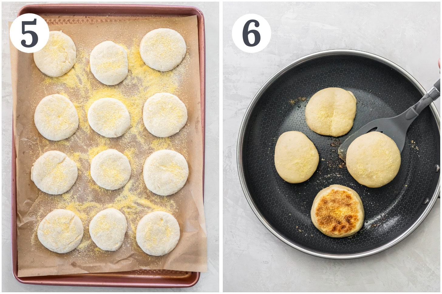 Cooking English muffins on a skillet.