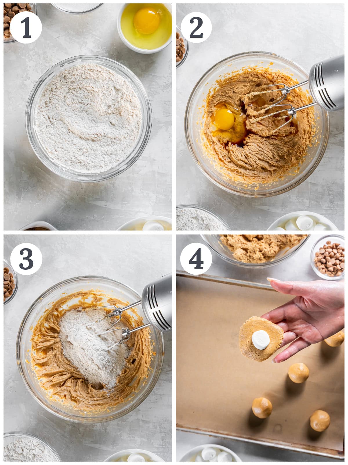 photo collage demonstrating how to make dough for fluffernutter cookies.