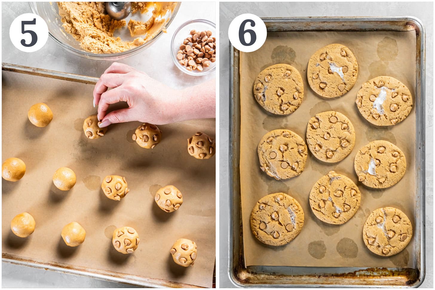 photo collage demonstrating how to assemble dough and bake for fluffernutter cookies.