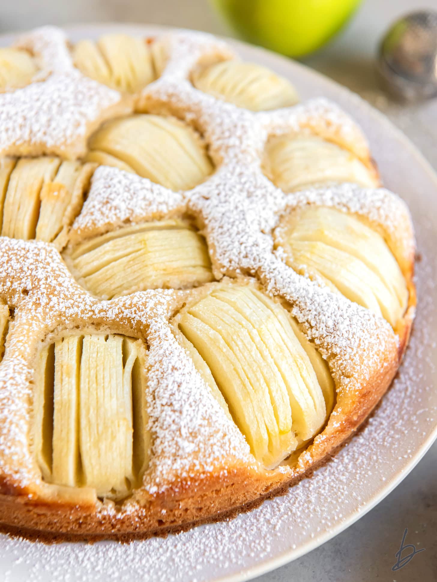 German apple cake topped with a dusting of powdered sugar.