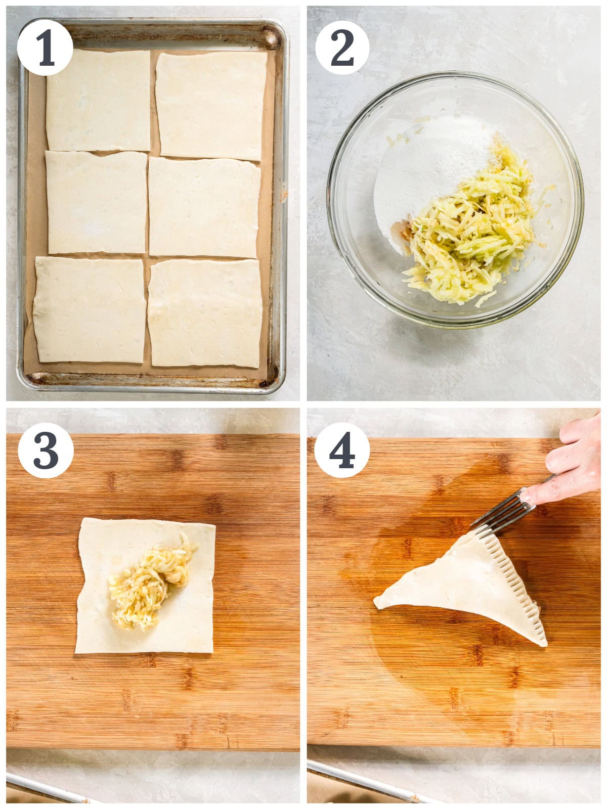 Adding apple filling to puff pastry dough.
