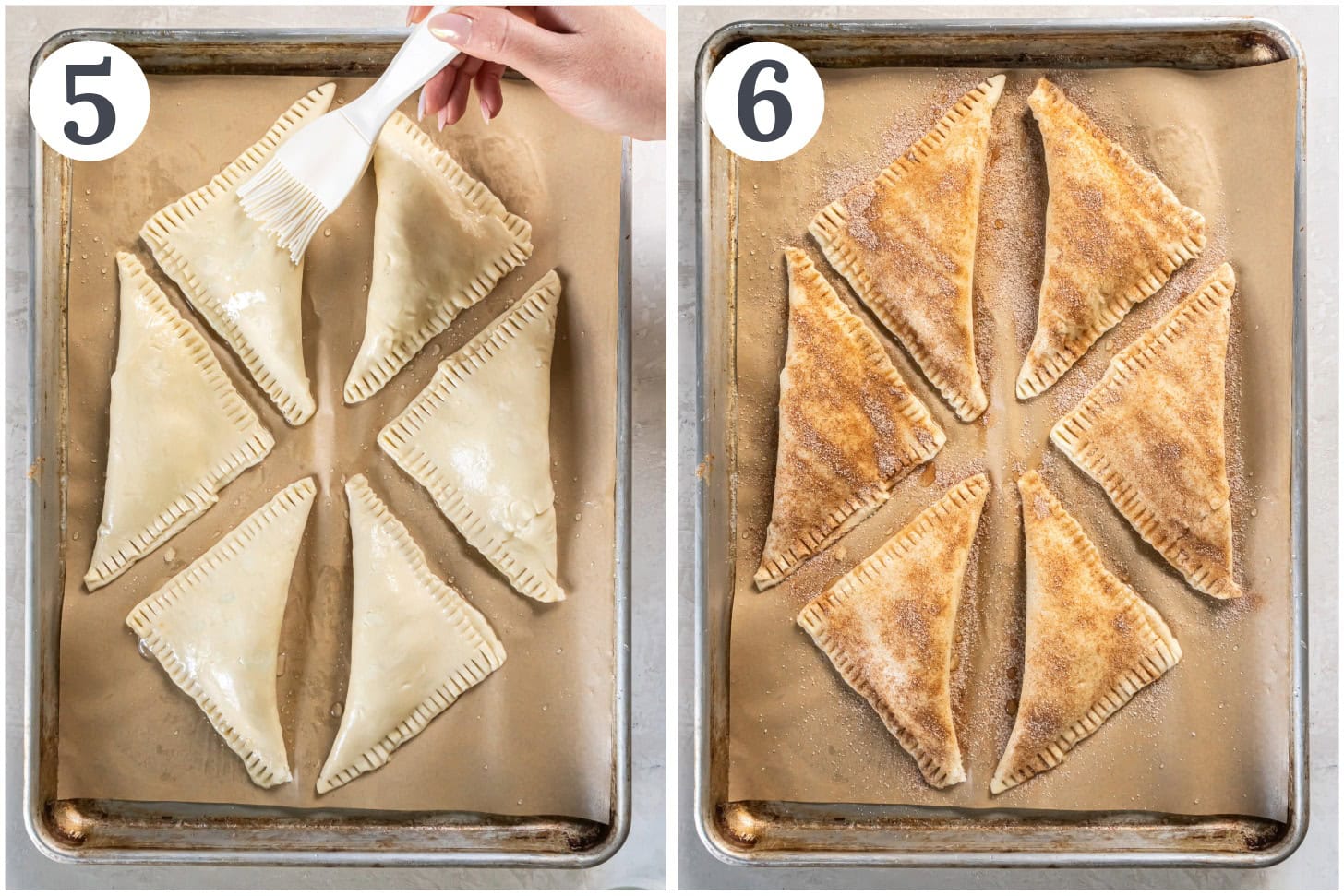 Preparing apple turnovers on a baking sheet.