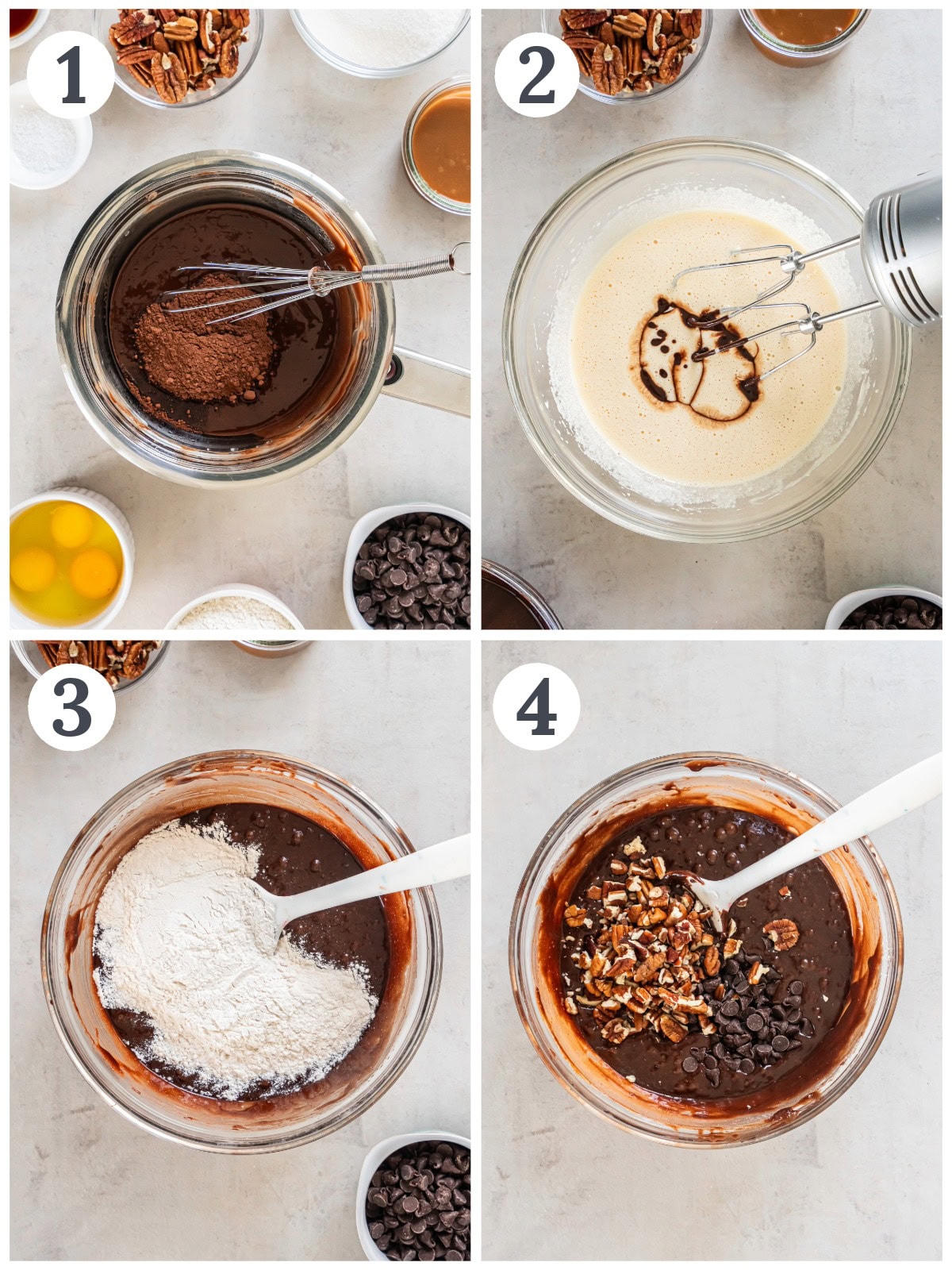 The process of making caramel turtle brownie batter.