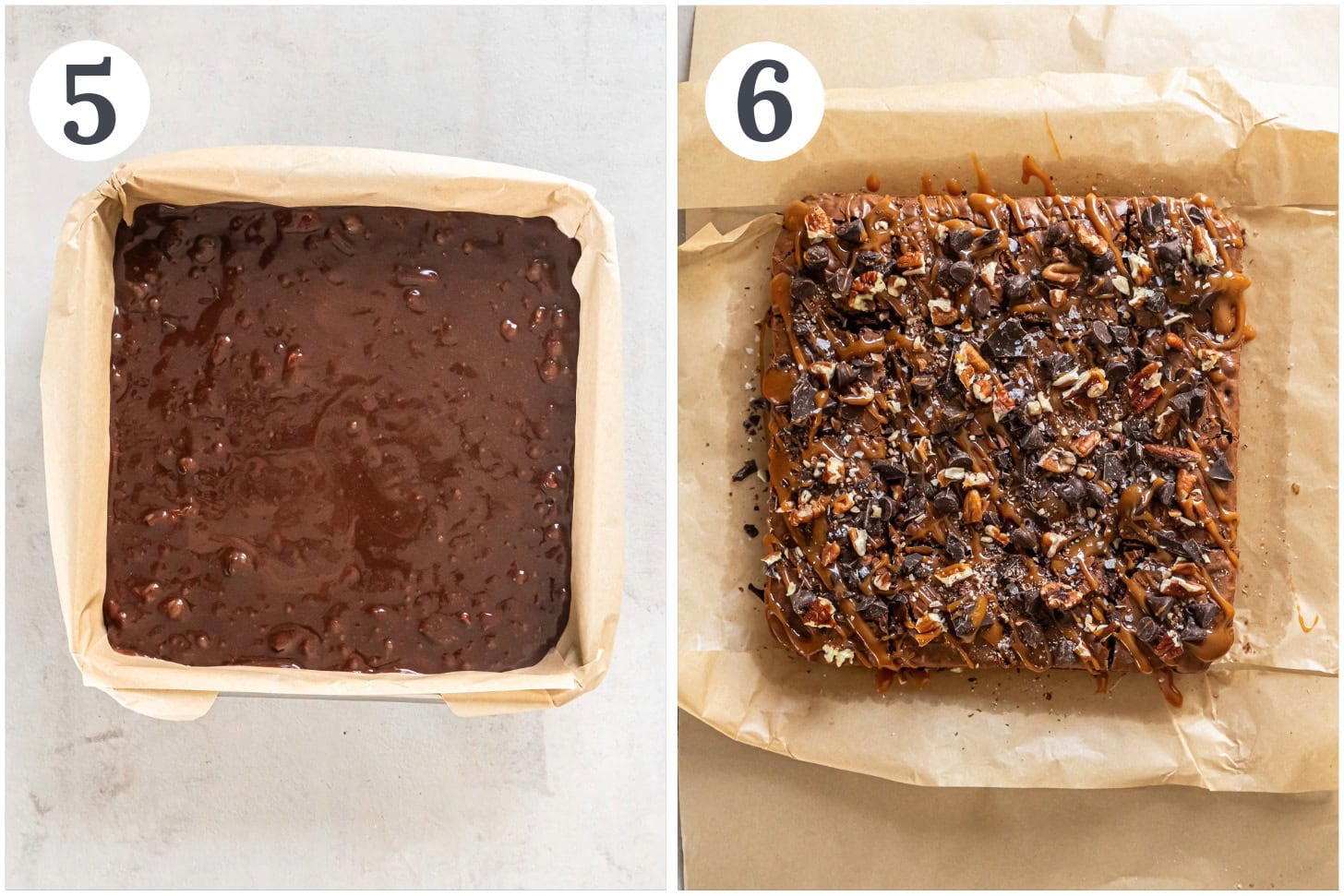 Brownie batter in a square pan and then baked on parchment paper.