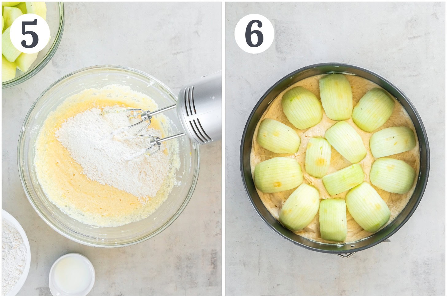 Showing the process of making an apple cake.