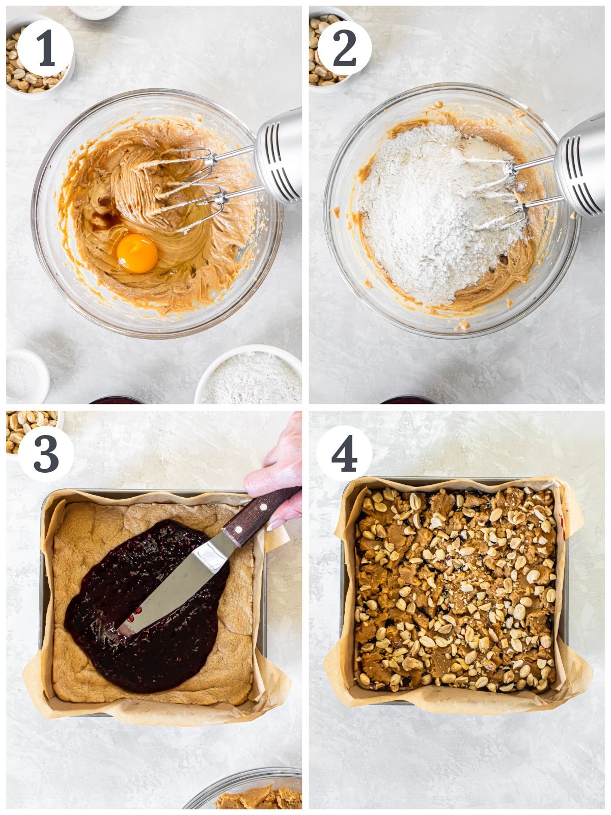 photo collage demonstrating how to make peanut butter jelly bars in a mixing bowl and square baking pan.