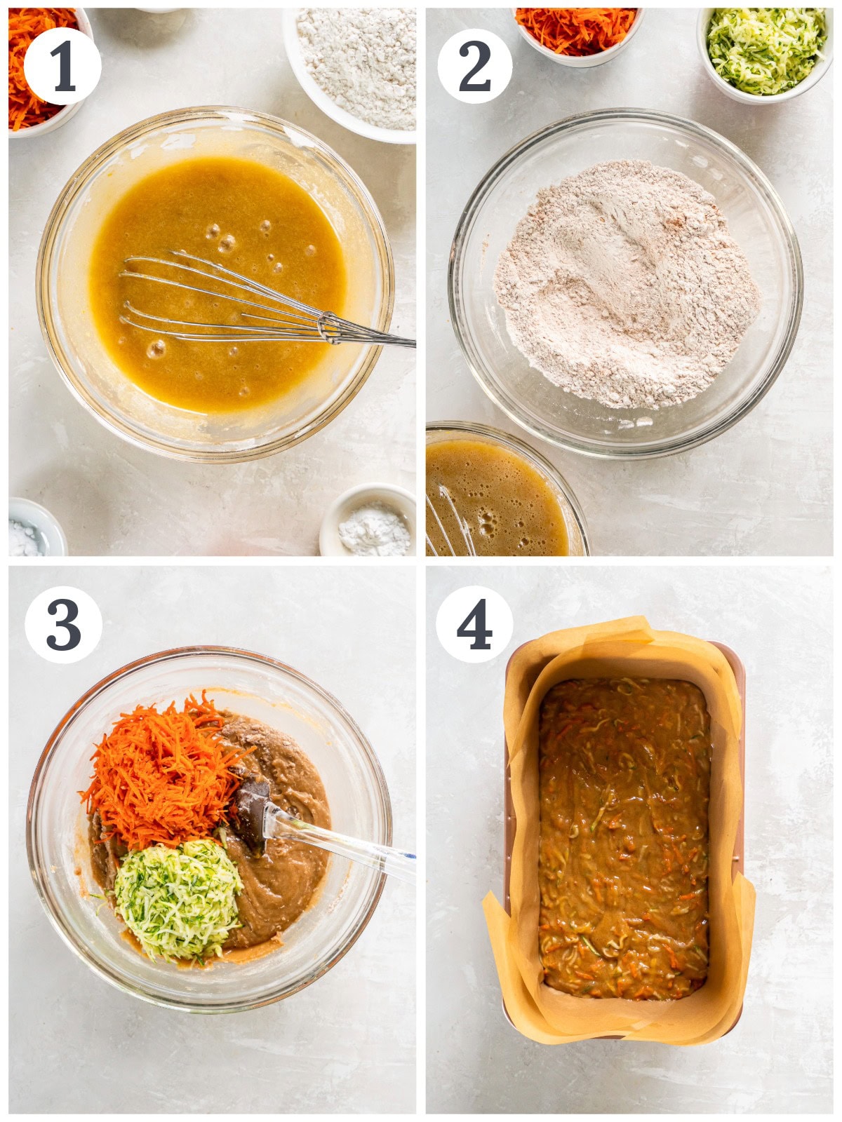 photo collage demonstrating how to make zucchini carrot bread in a mixing bowl and loaf pan.