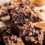 Stacked Caramel Turtle Brownies.