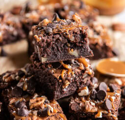 Stacked Caramel Turtle Brownies.