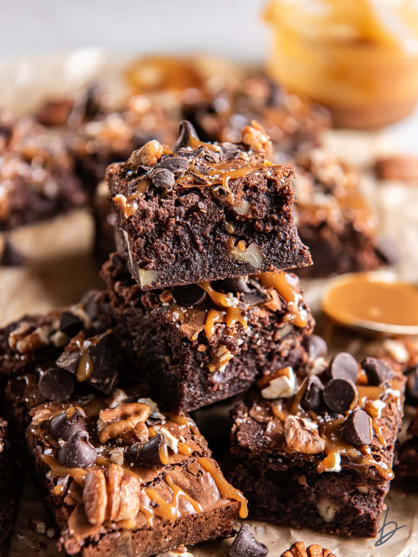 Stacked Caramel Turtle Brownies.