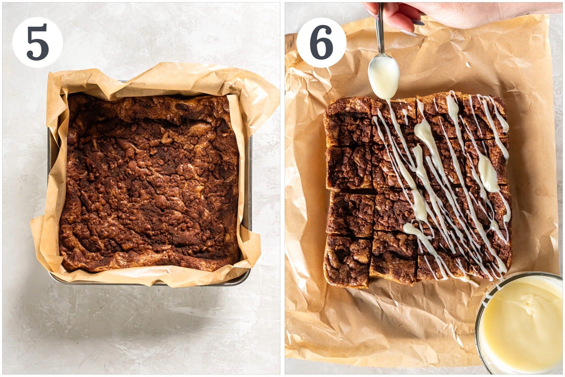 photo collage demonstrating how to make cream cheese icing for cinnamon roll blondies baked in a square pan.