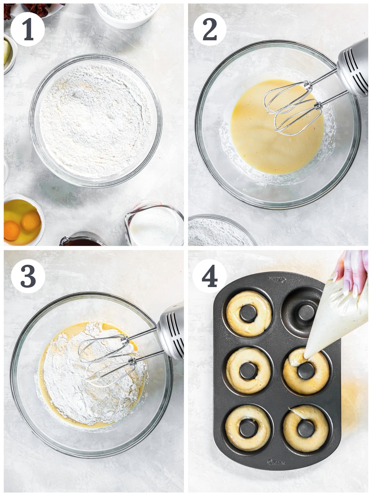 Mixing batter and piping a donut pan.