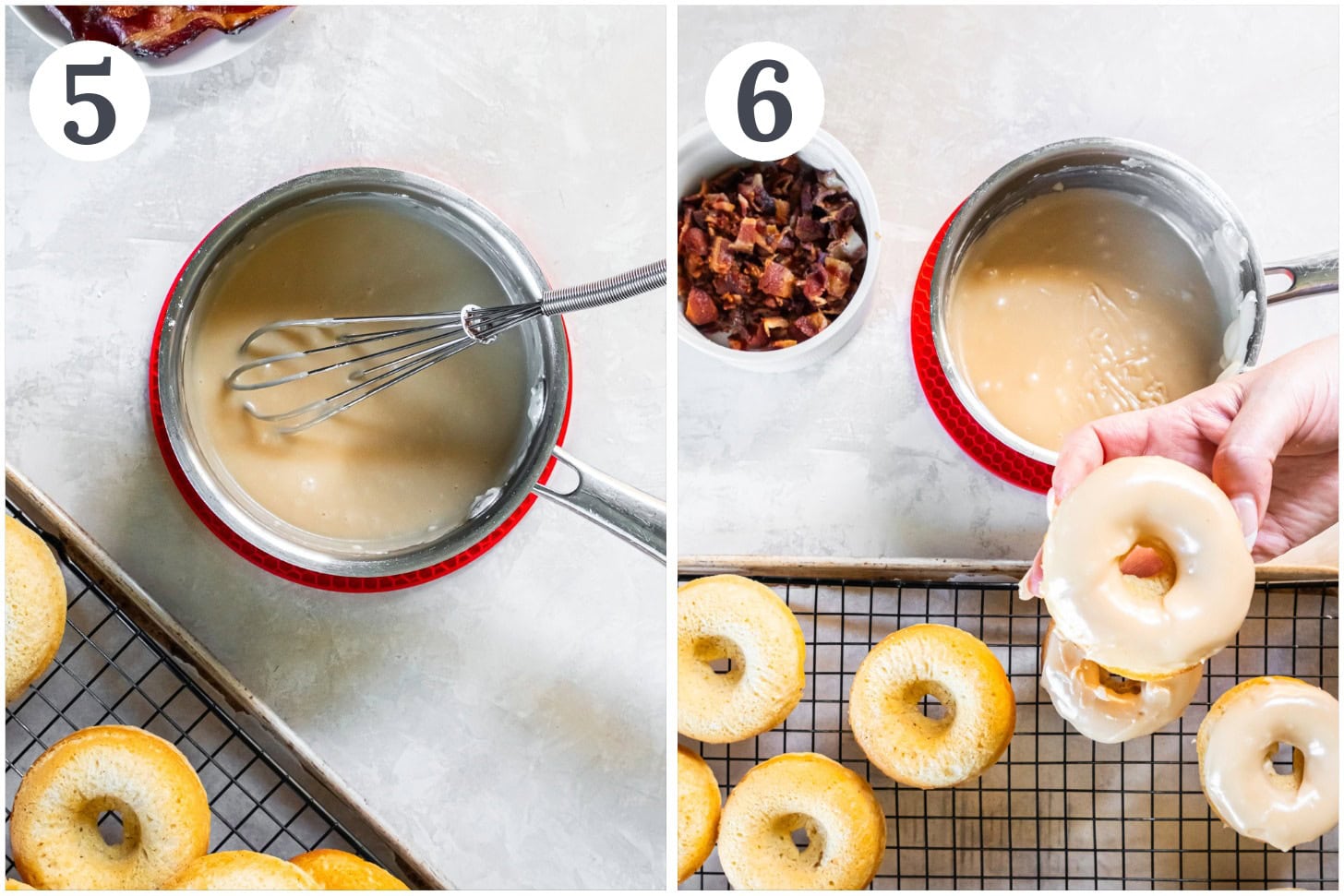 Making maple glaze and adding it to donuts.