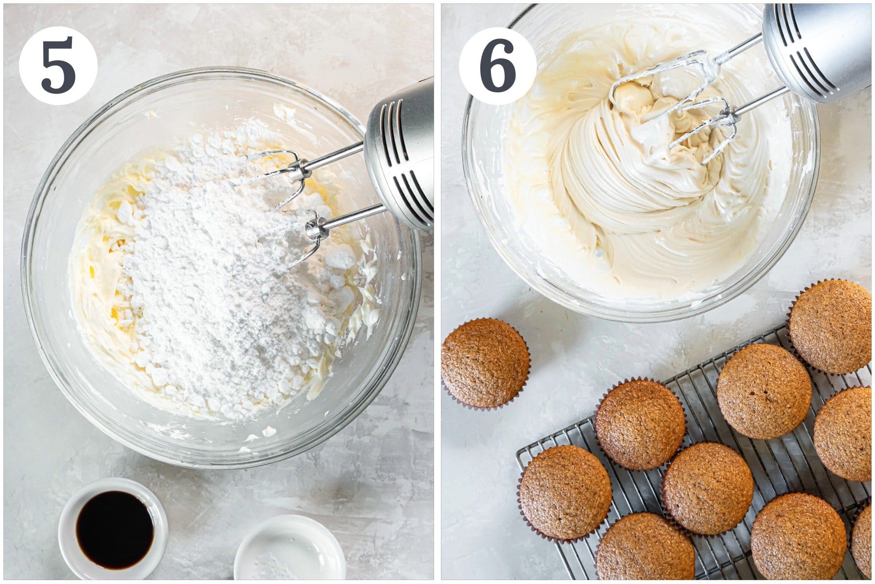 Using a mixer to make cream cheese frosting.
