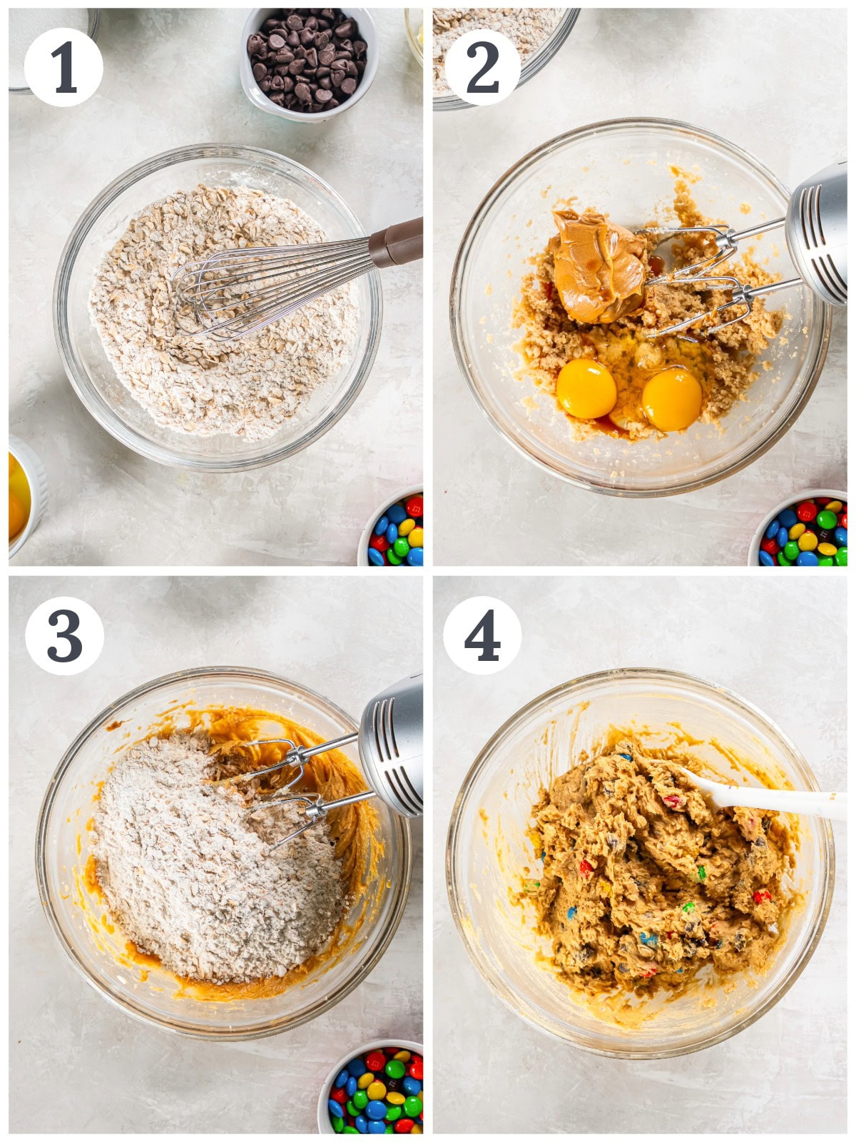 photo collage demonstrating how to make monster cookie dough in a mixing bowl with a hand mixer.