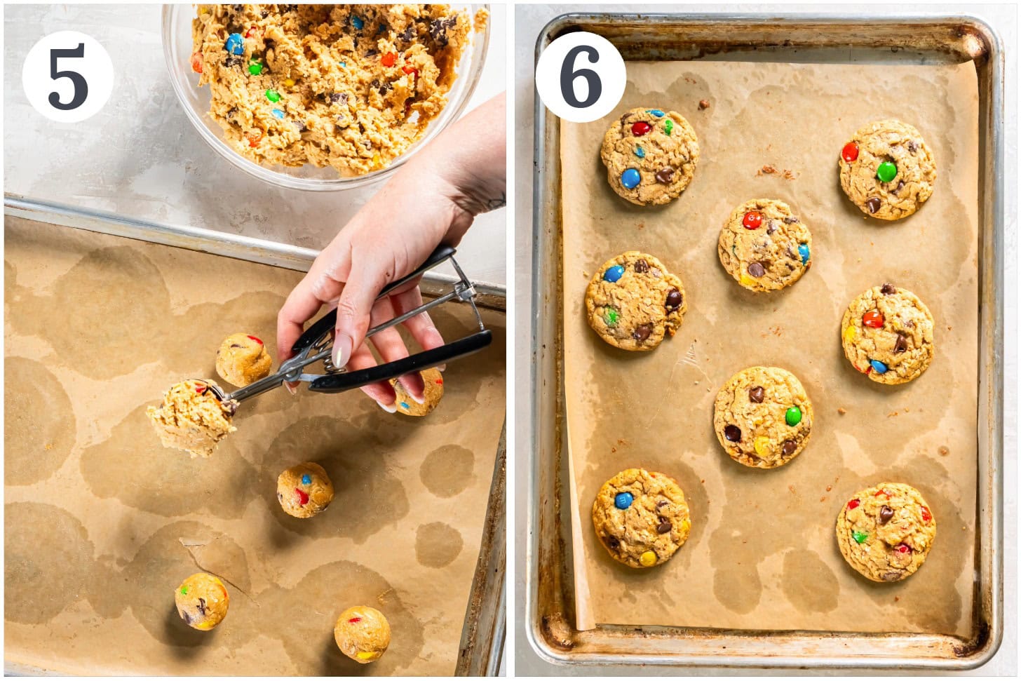 photo collage demonstrating how to scoop, roll and bake monster cookie dough.