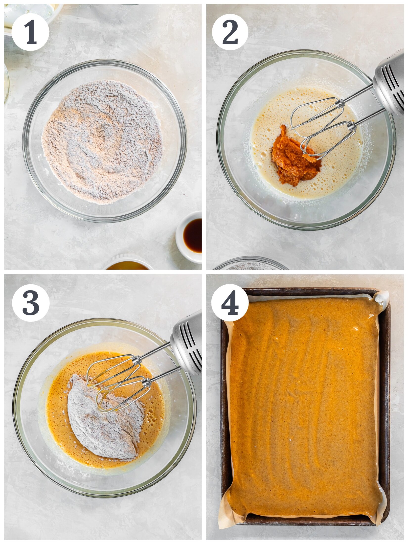 Process of mixing batter for a pumpkin cake.