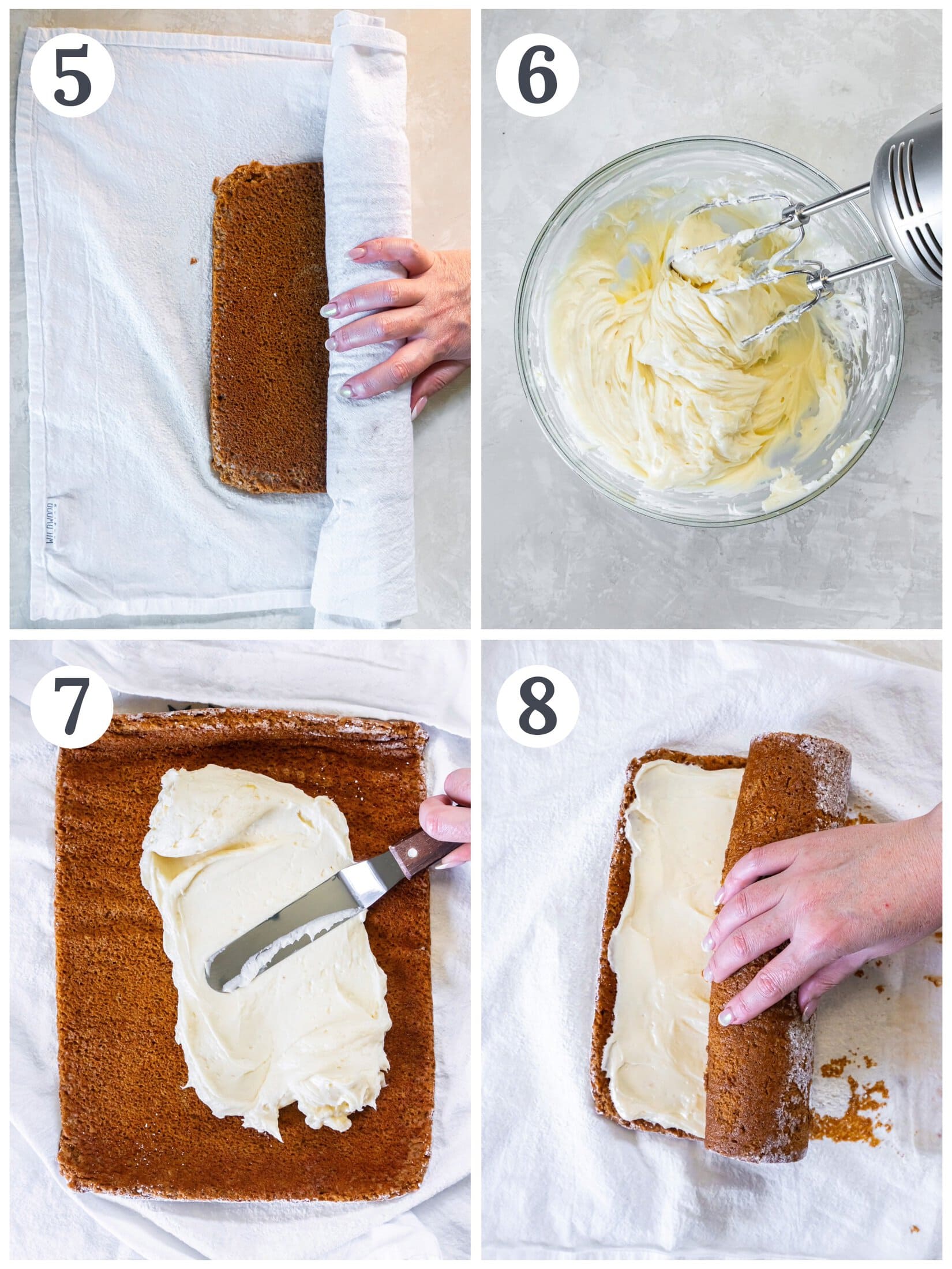 Adding the filling and rolling the cake.
