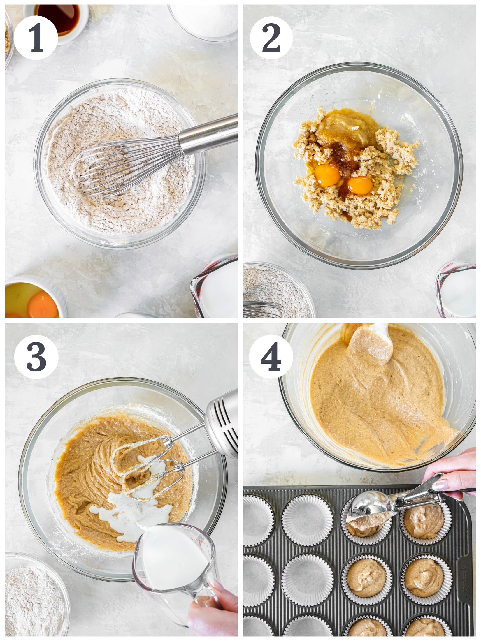 Mixing batter and transferring batter to a muffin pan.