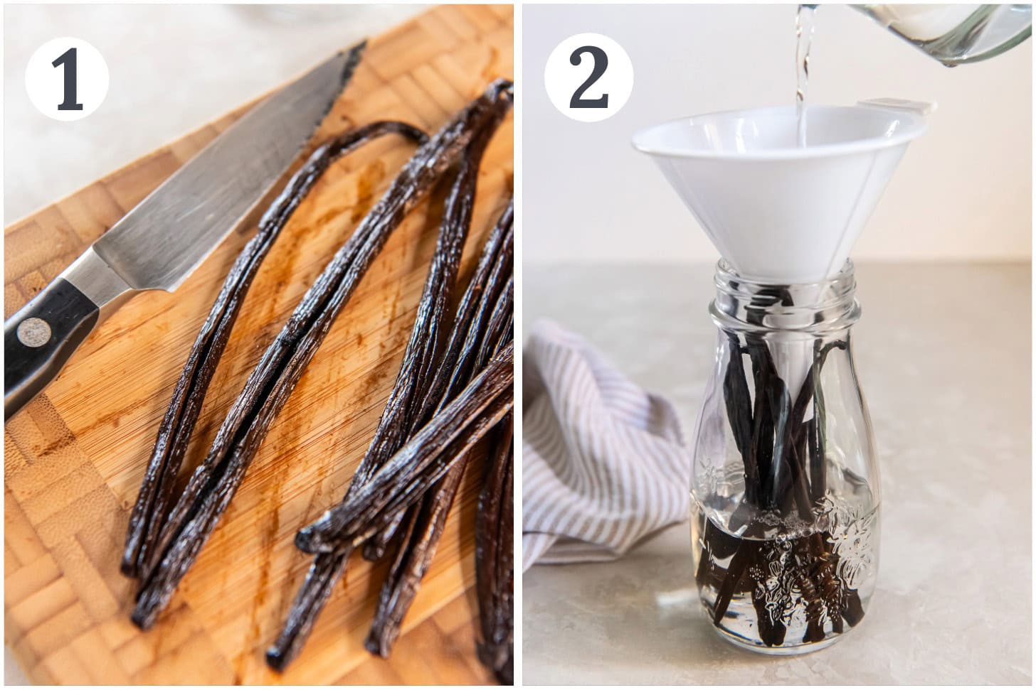 Showing the process of cutting vanilla pods and adding them to a jar with vodka.
