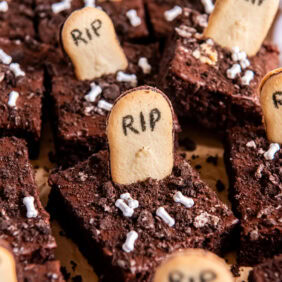 Graveyard brownies topped with Milano cookies.