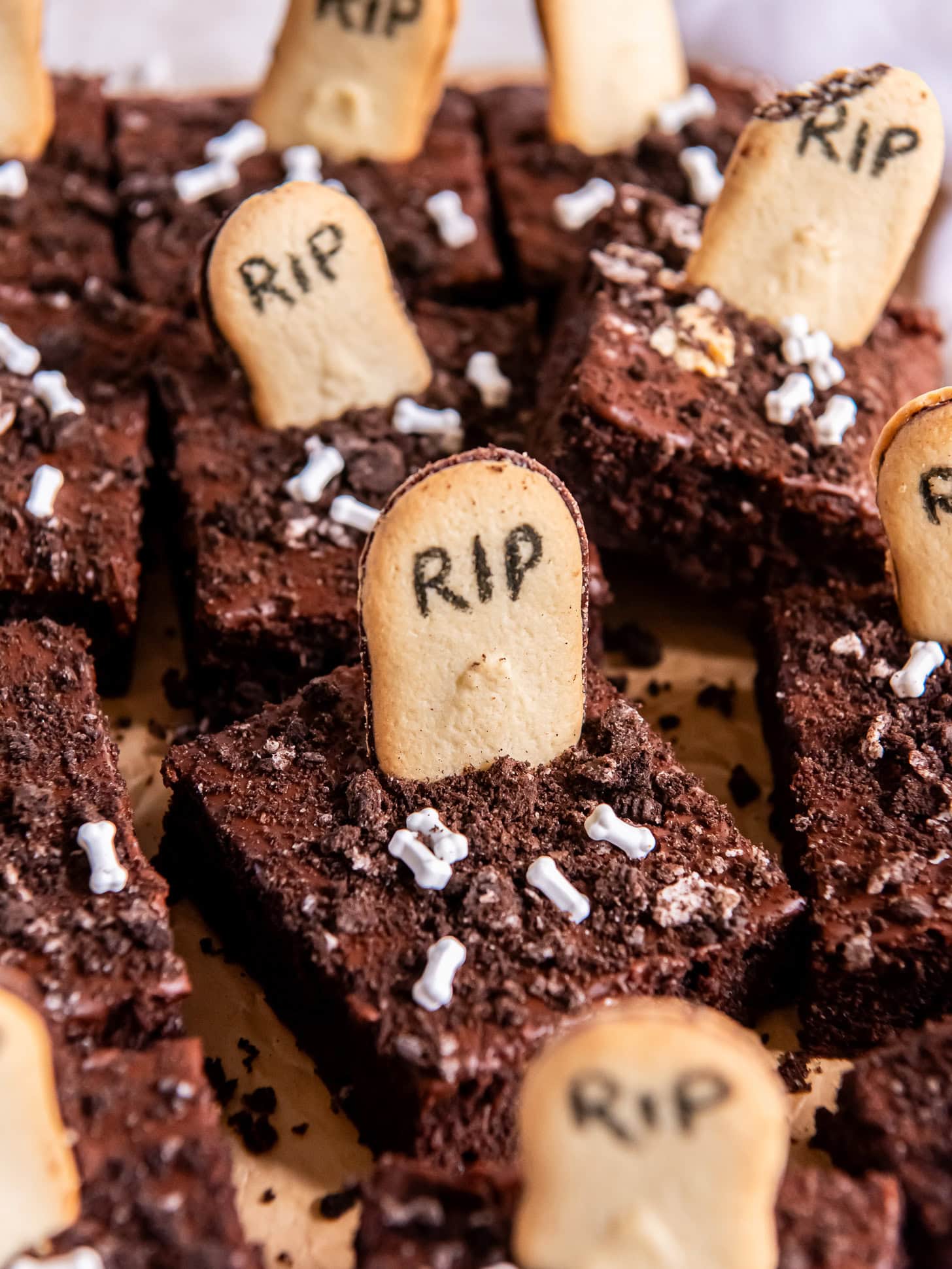 Graveyard brownies topped with Milano cookies.