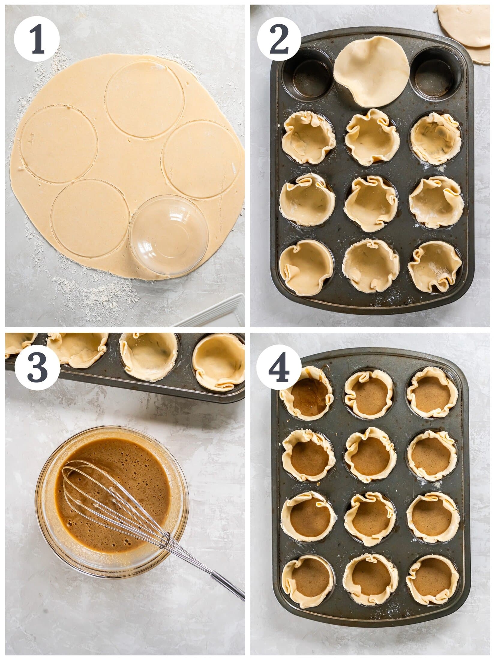 Process of cutting dough, making a filling and filling dough in a mini muffin pan.