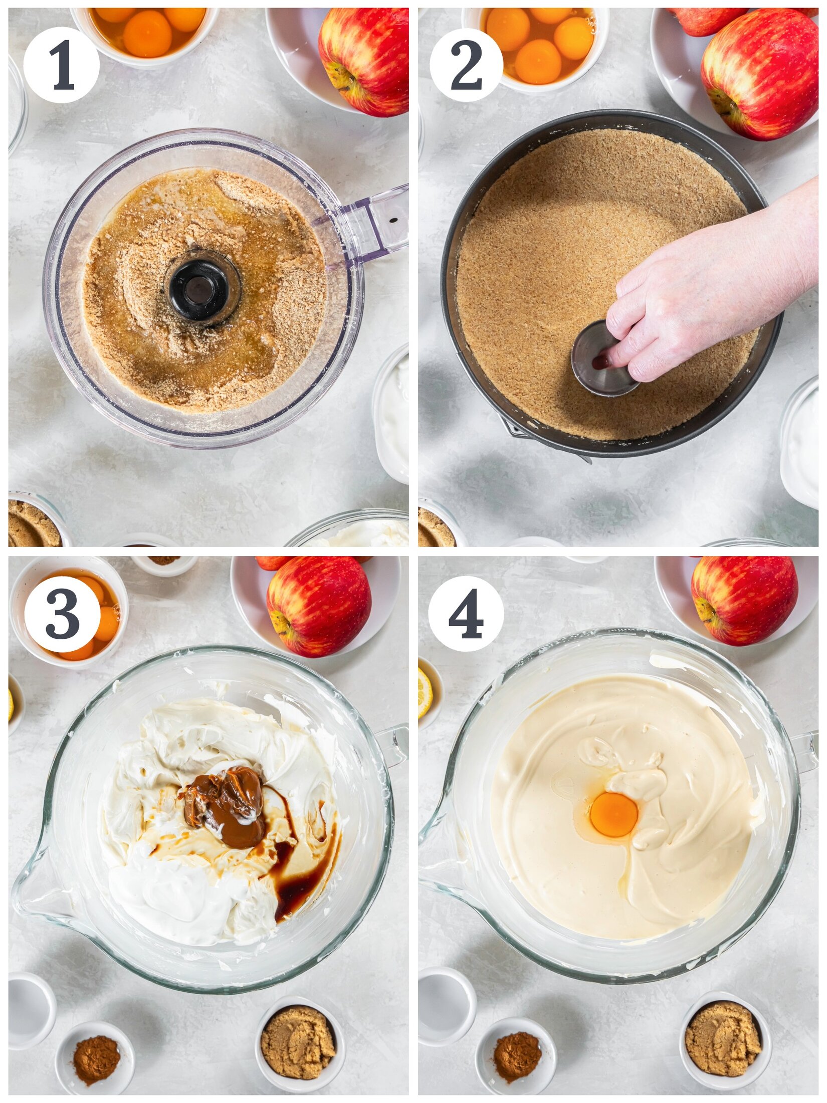 The process of making a graham cracker crust and cream cheese filling.