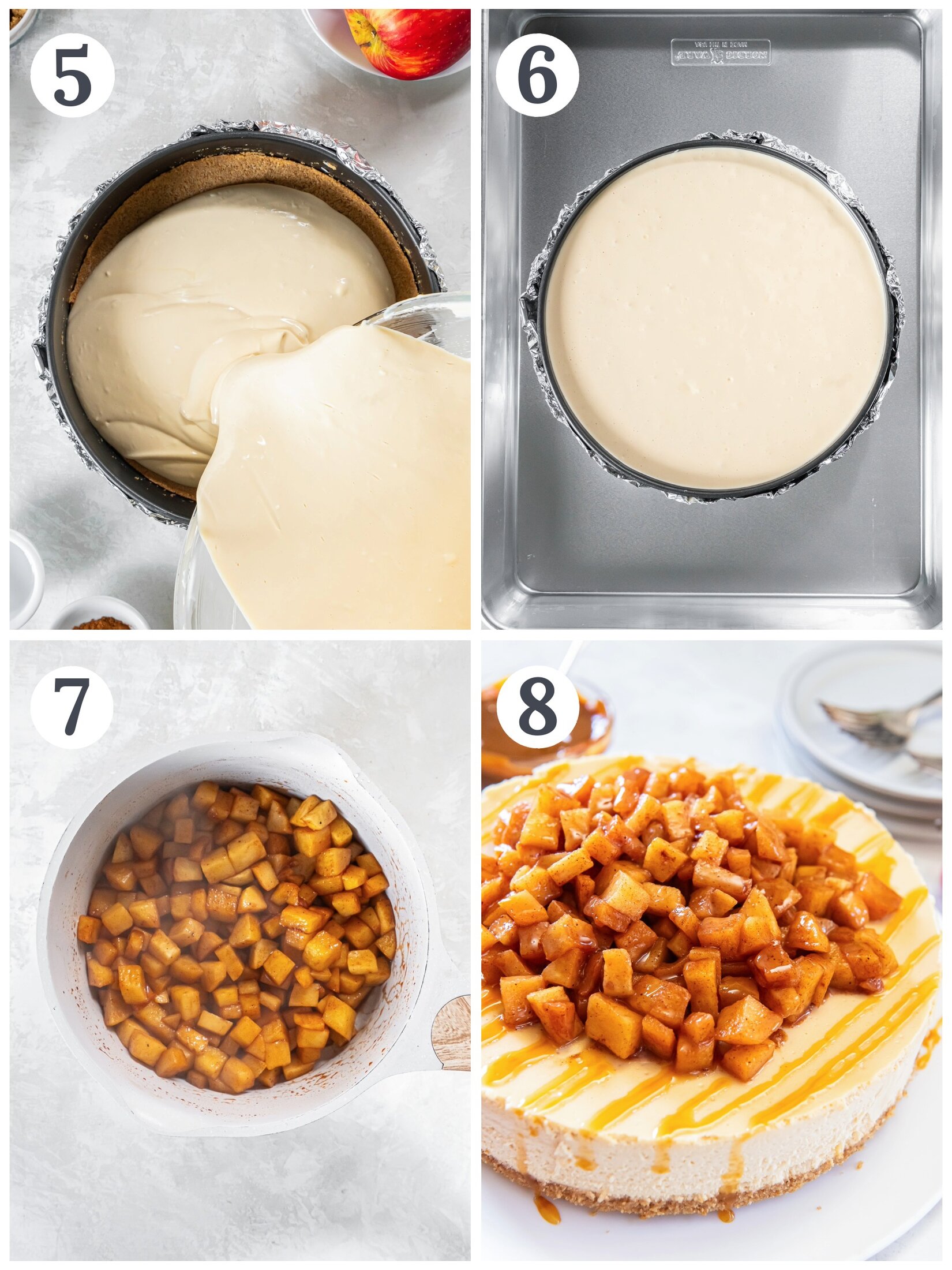 Making the filling and apple talking for a caramel apple cheesecake.