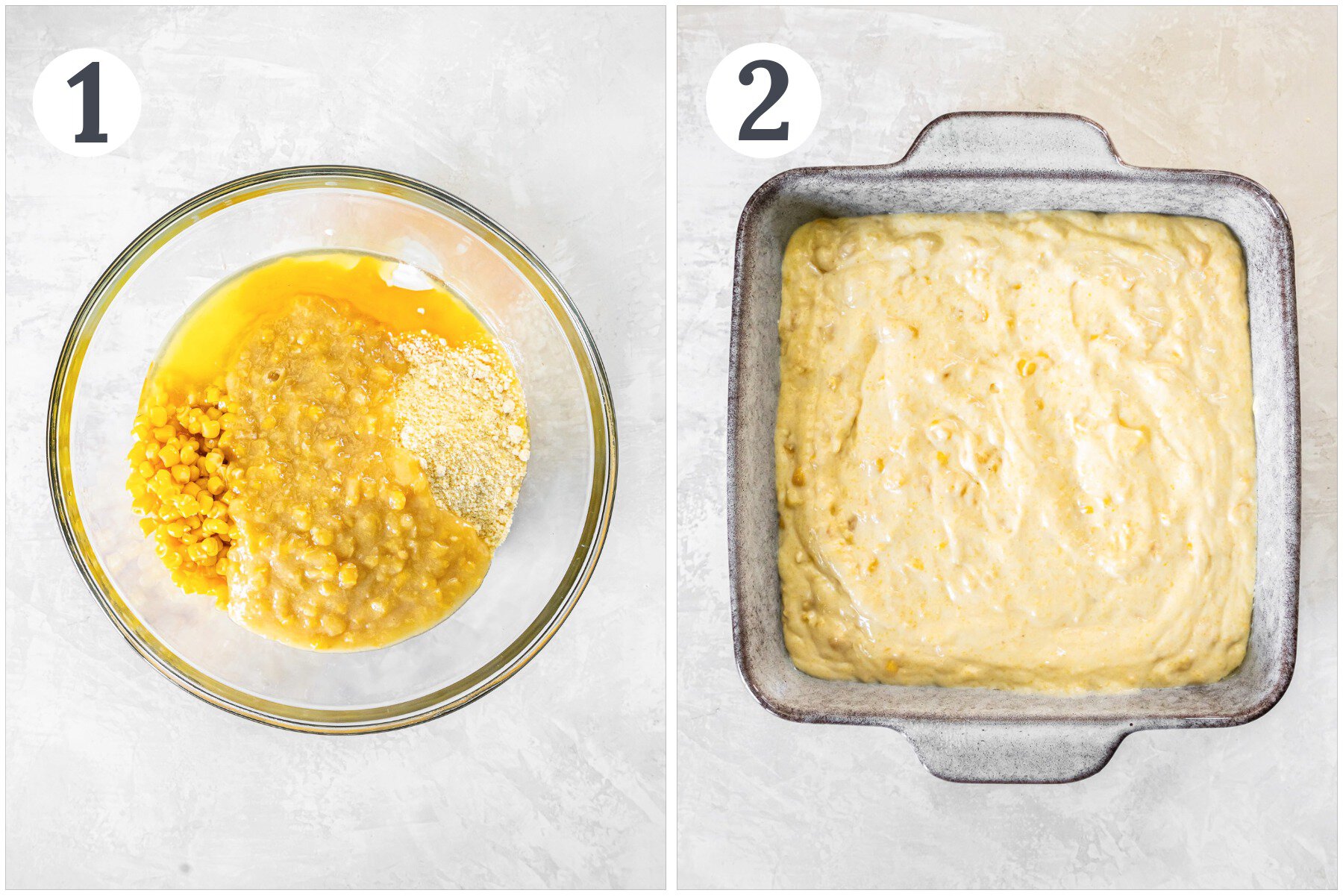 Showing the process for making cornbread pudding.
