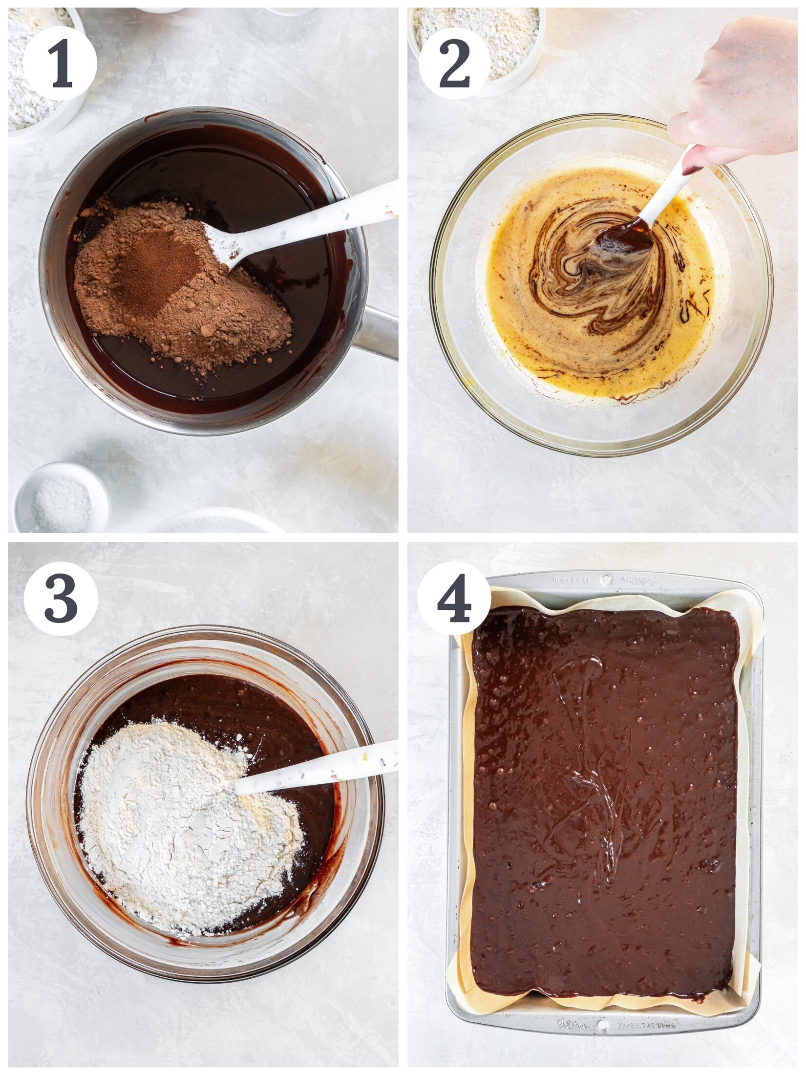 Showing the process of mixing brownie batter.