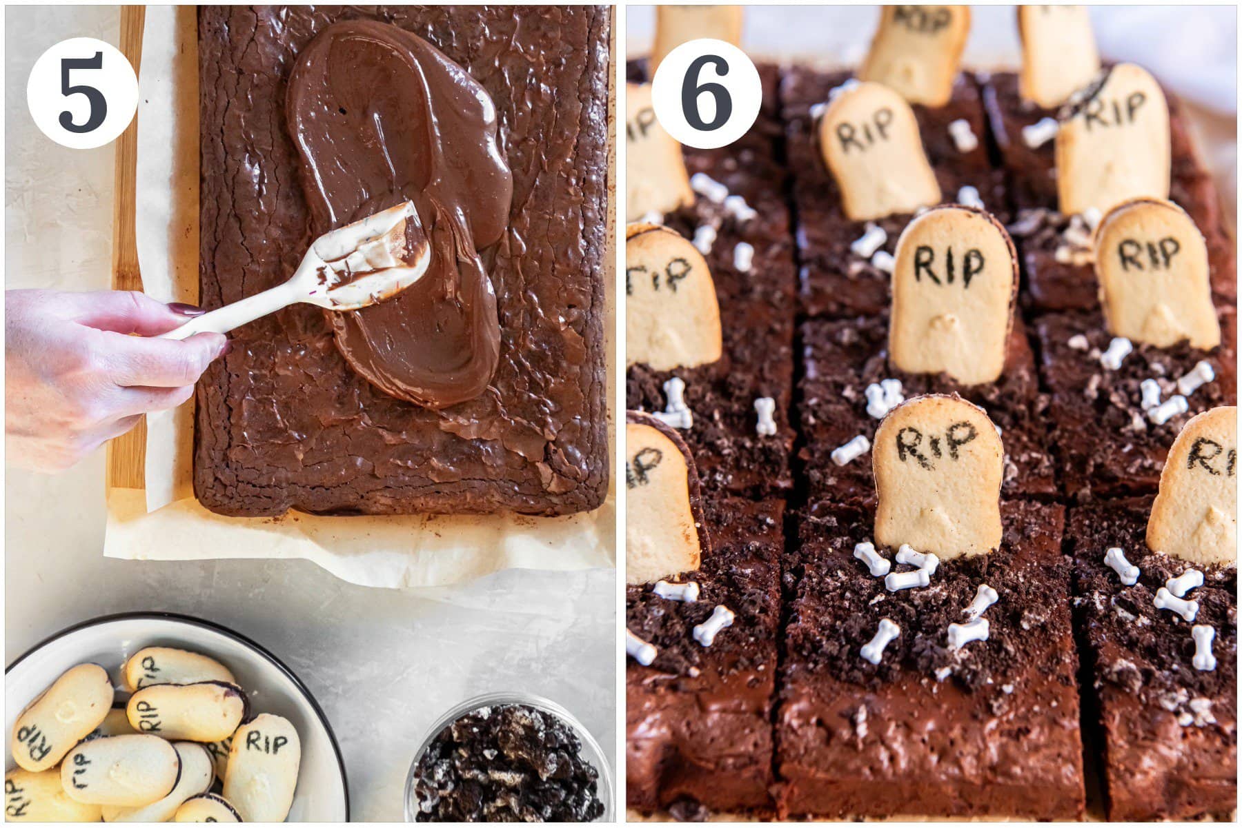 Topping brownies to make it look like a graveyard.
