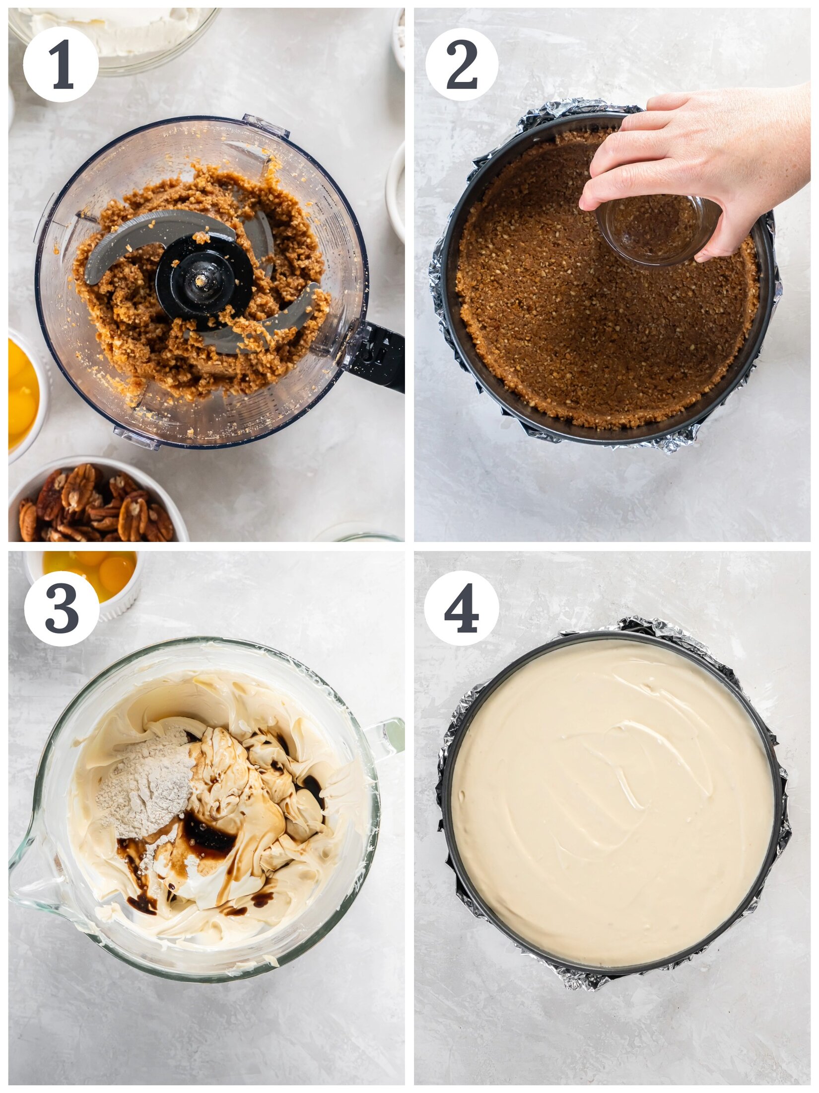 Process of making a crust and cream cheese filling for a cheesecake.