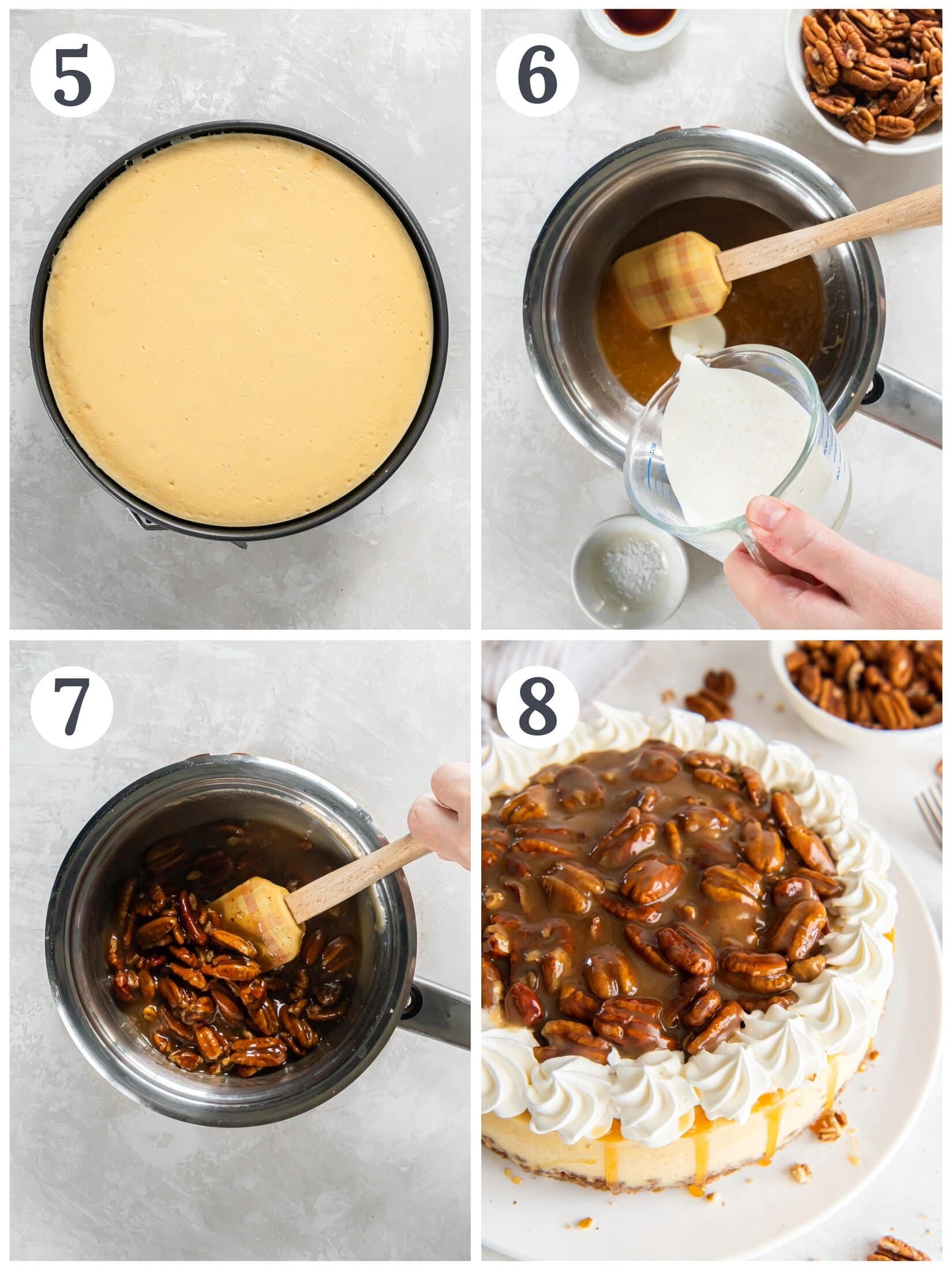 The process of mixing ingredients to make the pecan praline topping for a cheesecake.