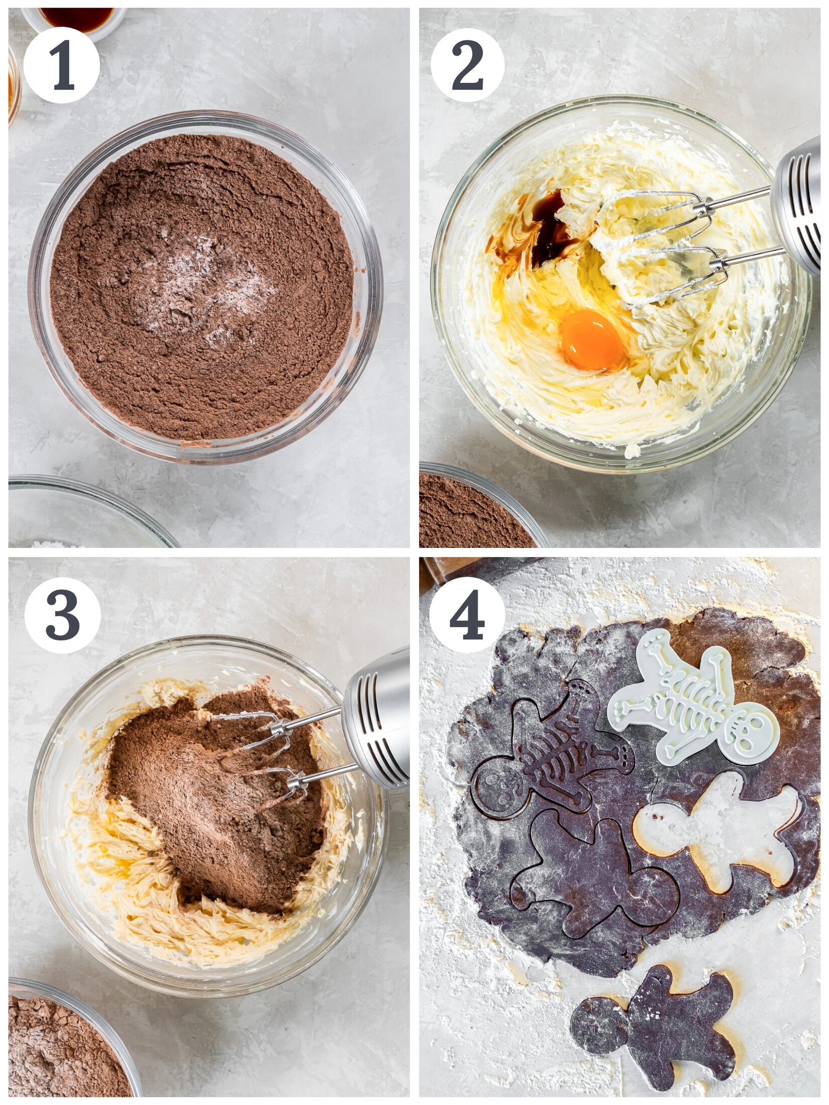 Mixing chocolate sugar cookie dough in a large bowl.