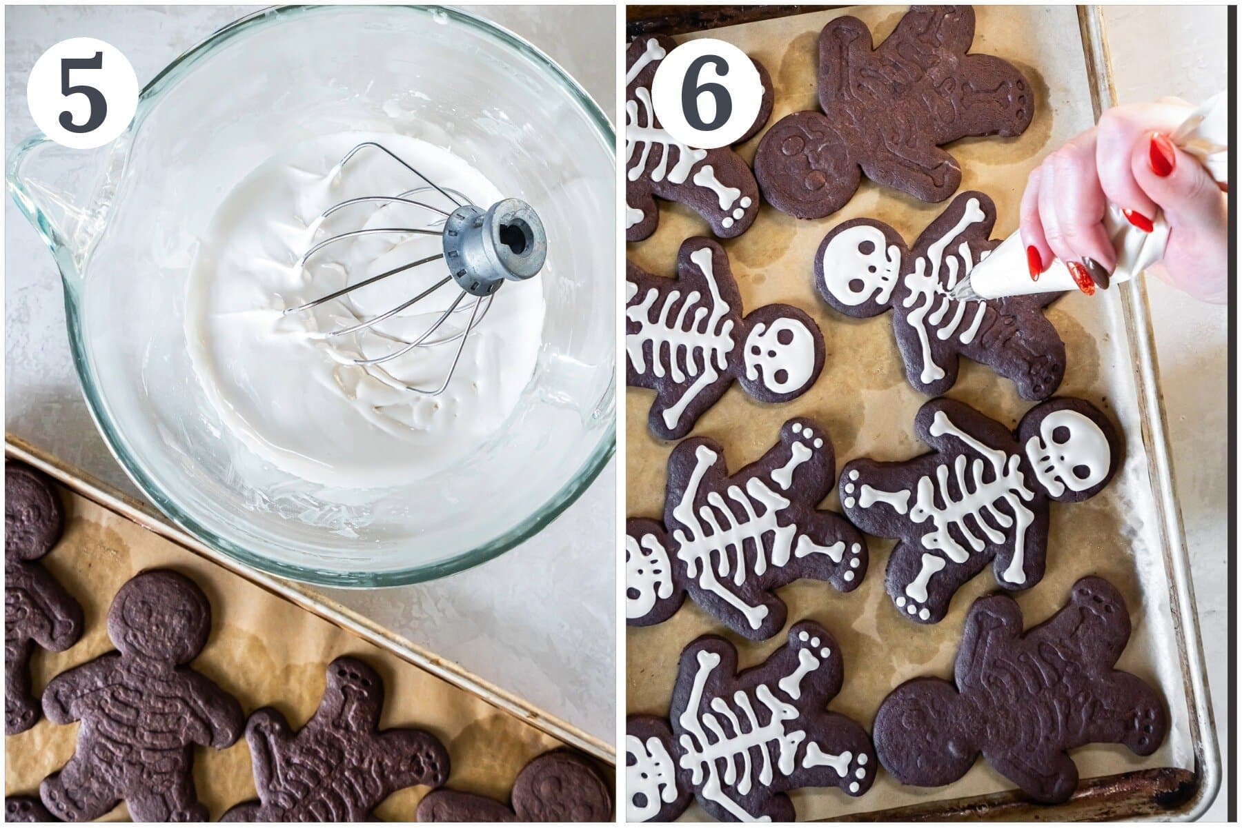 Icing chocolate cut-out cookies to look like skeletons.