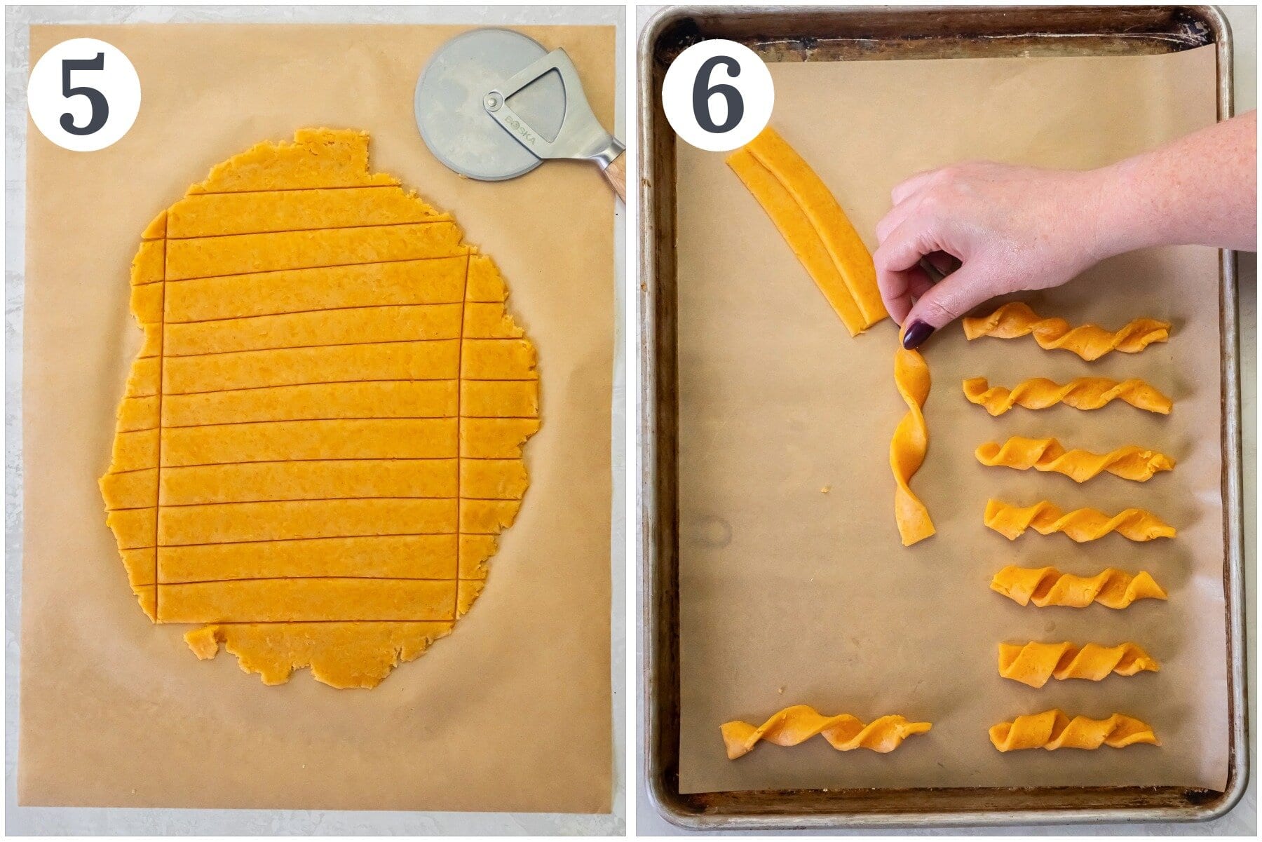 Showing how to cut cheese dough into strips and twist.