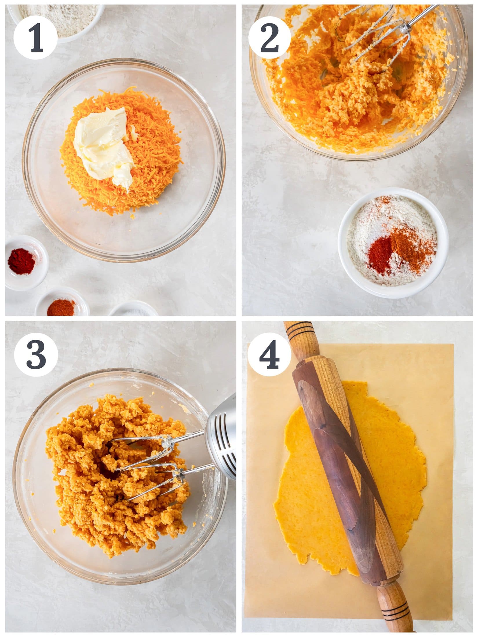 Process of mixing and rolling out ingredients to make cheese straws.