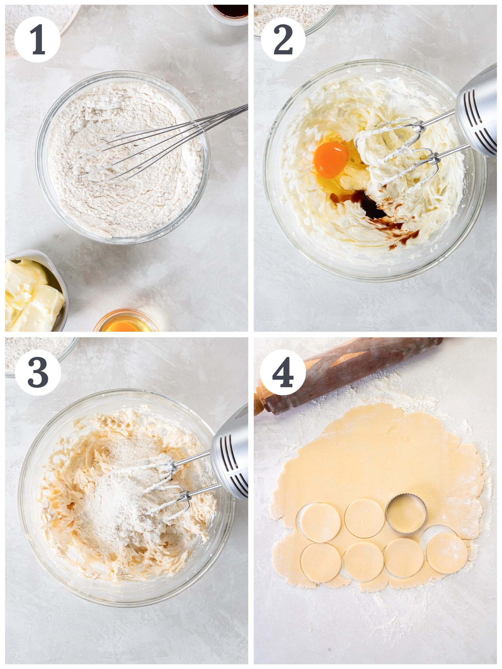 Mixing dough and cutting out circles for sugar cookies.