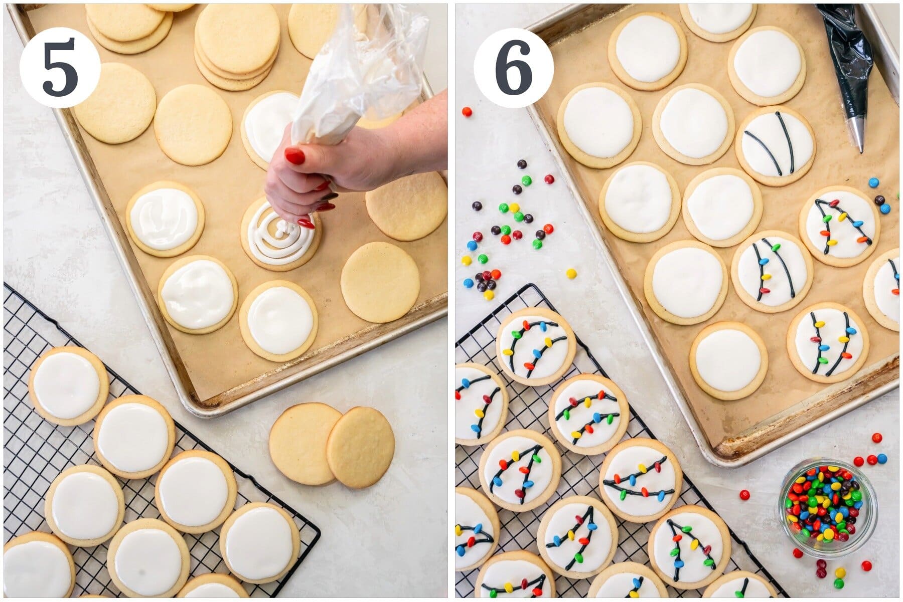 Decorating Christmas light cookies.