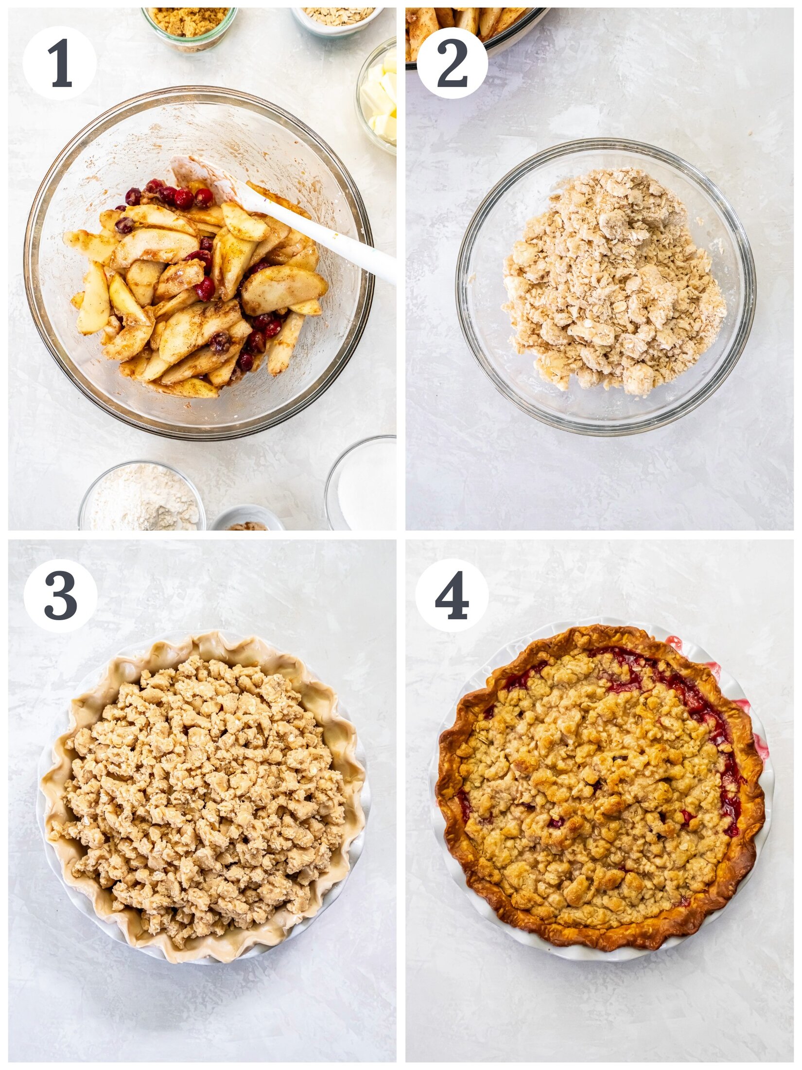 Making the filling and crumble for a pear crumble pie.