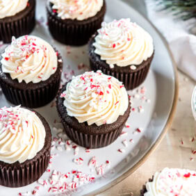 Chocolate peppermint cupcakes topped with crushed candy canes.