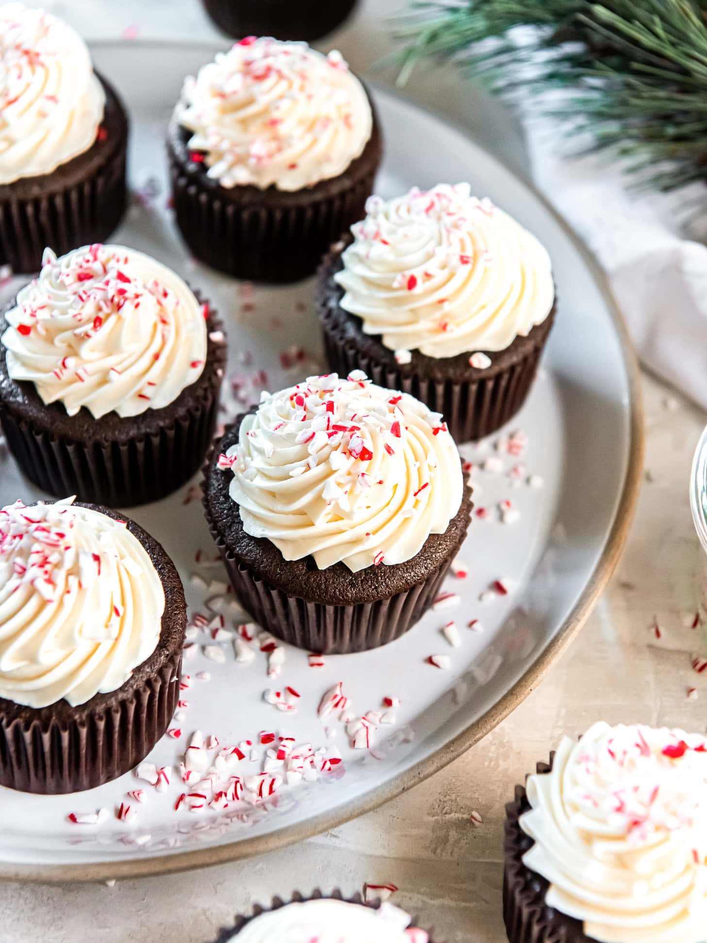 Chocolate peppermint cupcakes topped with crushed candy canes.
